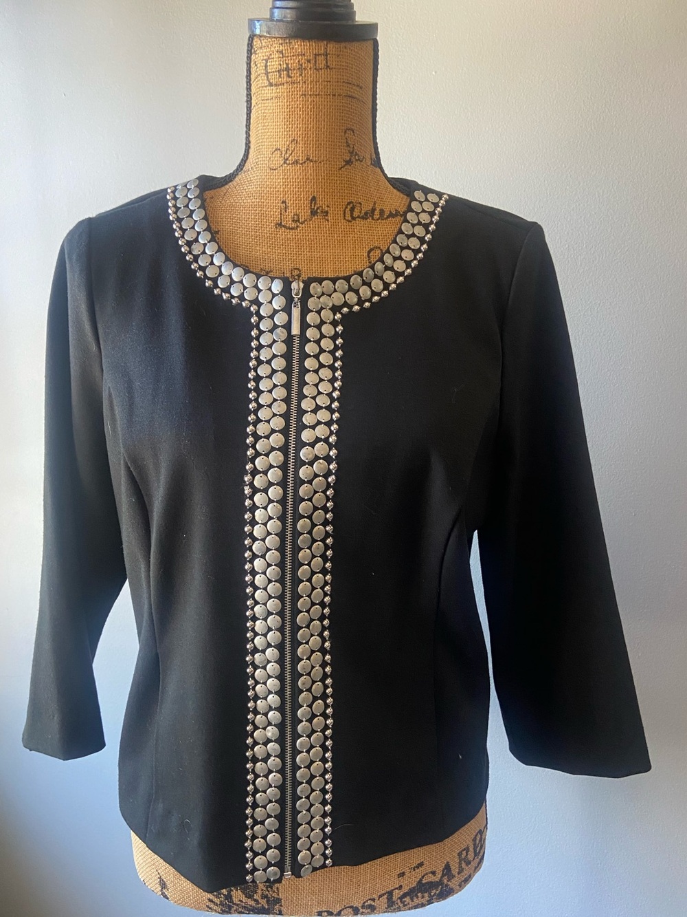 Ruby Rd. Sz 14P Black Women’s Knit Collarless Jacket with Silver Stud Trims